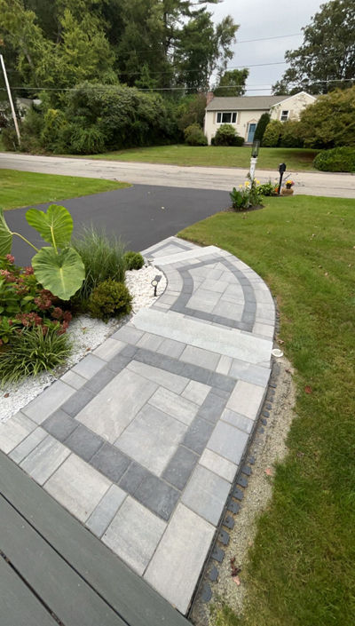 Unilock double border walkway with granite steps. Webster MA. Photo 1.