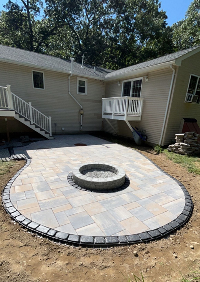 Unilock patio and fire pit. Douglas, MA. Photo 2.